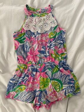 Lilly Pulitzer Girls' Floral Halter Romper with Lace Yoke - Pink & Blue